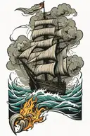 burning wooden ship sailing through a sea tattoo design idea