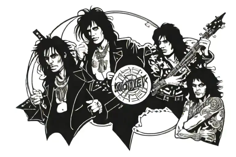 Combine motifs from Motley Crue album cover, The Doors and Elvis Presley in a tattoo design tattoo design idea