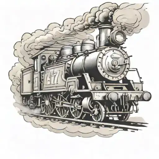 a vintage steam train, with the number "77" prominently displayed on the front of the locomotive tattoo design idea
