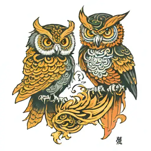 owl and phenix fighting each other and numer 8 and " persona non grata" in Dark aura tattoo design idea