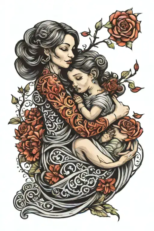 mother holding child tattoo design idea