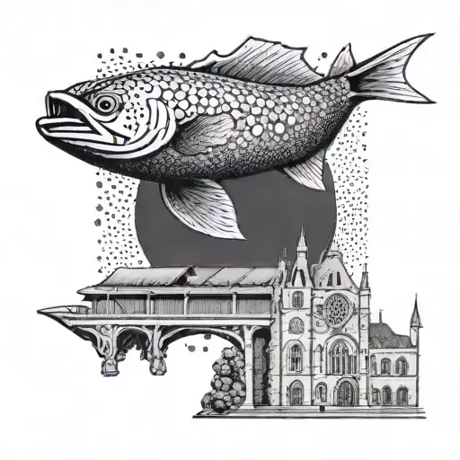 A dotwork tattoo of a majestic saltwater fish leaping over the Notre Dame football stadium tattoo design idea