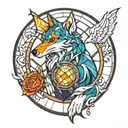 half transformed howl holding calcifer stained glass art style  tattoo design idea