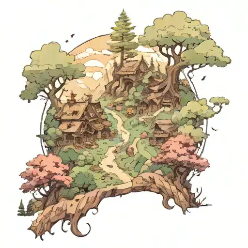 A whimsical forest landscape with hidden references to attack on titan scattered throughout tattoo design idea