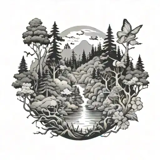 A whimsical forest landscape with hidden references to attack on titan scattered throughout tattoo design idea