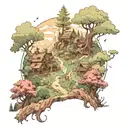 A whimsical forest landscape with hidden references to attack on titan scattered throughout tattoo design idea