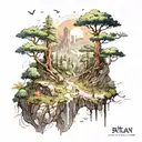 A whimsical forest landscape with hidden references to attack on titan scattered throughout tattoo design idea
