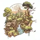 A whimsical forest landscape with hidden references to attack on titan scattered throughout tattoo design idea