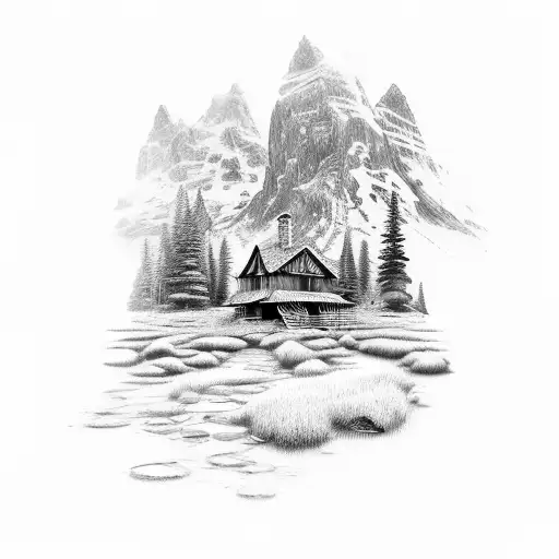 landscape with cabin tattoo design idea