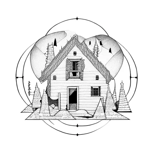 landscape with cabin in rhombus  tattoo design idea