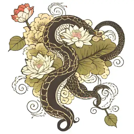 snake and lotus flower tattoo design idea