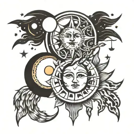 Moon and sun, star minimalism tattoo design idea