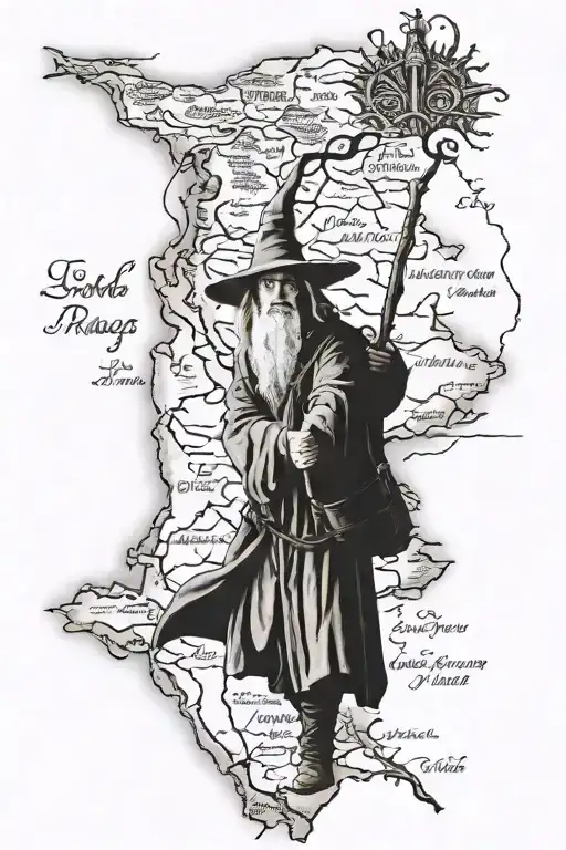 Lord of the rings map with gandalf staff tattoo design idea
