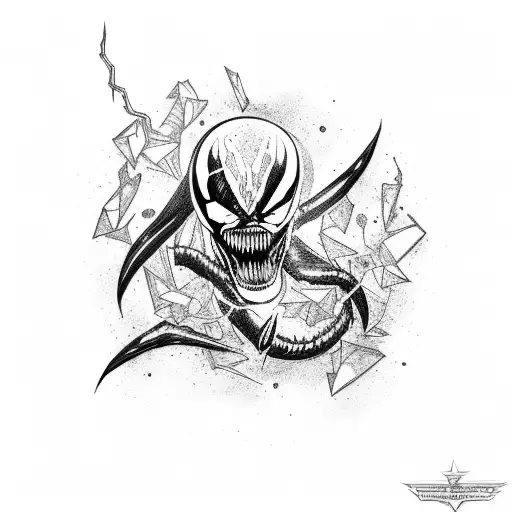 A tattoo of Venom playing the guitar with lightning bolts and shattered glass in the background tattoo design idea