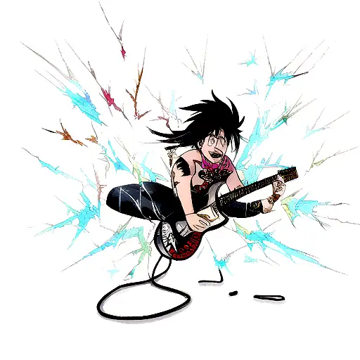 A tattoo of Venom playing the guitar with lightning bolts and shattered glass in the background tattoo design idea