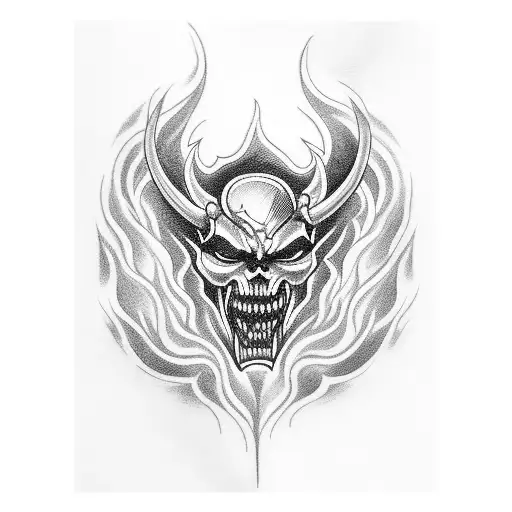 A tattoo of a demon playing the drums with flames and smoke surrounding it tattoo design idea