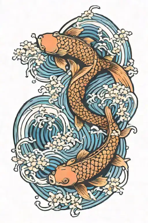 koi fish waves cherry blossoms tattoo design idea