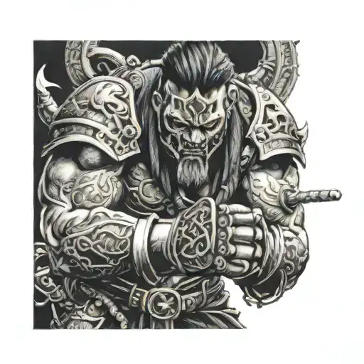 A fierce warrior in battle, wielding a brass knuckle with intricate details tattoo design idea