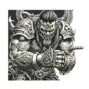 A fierce warrior in battle, wielding a brass knuckle with intricate details tattoo design idea