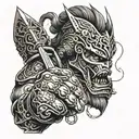 A fierce warrior in battle, wielding a brass knuckle with intricate details tattoo design idea