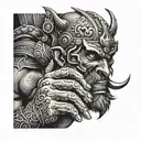A fierce warrior in battle, wielding a brass knuckle with intricate details tattoo design idea