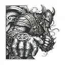 A fierce warrior in battle, wielding a brass knuckle with intricate details tattoo design idea