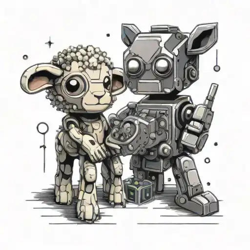 A robotic lamb and kitty playing video games together in a futuristic roblox world, using dotwork style tattoo design idea