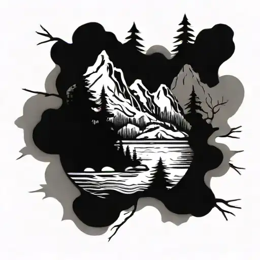 trees fly fishing mountain range tattoo design idea