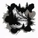 trees fly fishing mountain range tattoo design idea