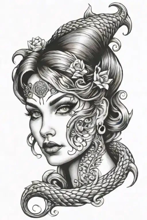 siren evil beautiful face tattoo design idea