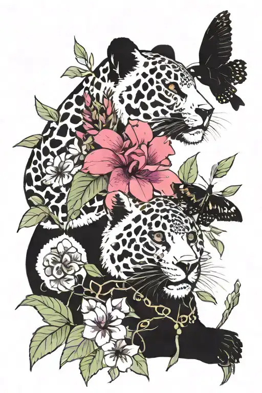 Band tailed cacique, panda, jaguar and bougainvillea  tattoo design idea