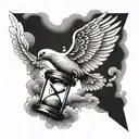 broken hourglass dove flying clouds surrounding tattoo design idea