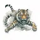 A tiger with armor fur, leaping, mist surrounding him tattoo design idea
