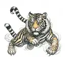 A tiger with armor fur, leaping, mist surrounding him tattoo design idea