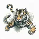 A tiger with armor fur, leaping, mist surrounding him tattoo design idea