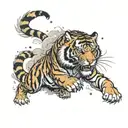 A tiger with armor fur, leaping, mist surrounding him tattoo design idea