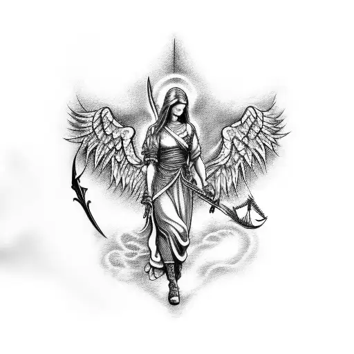 tattoo on arm. angel with sword battling against a dragon over the liberty of justice tattoo design idea