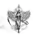tattoo on arm. angel with sword battling against a dragon over the liberty of justice tattoo design idea