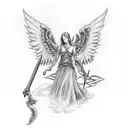 tattoo on arm. angel with sword battling against a dragon over the liberty of justice tattoo design idea