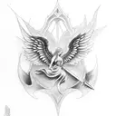 tattoo on arm. angel with sword battling against a dragon over the liberty of justice tattoo design idea