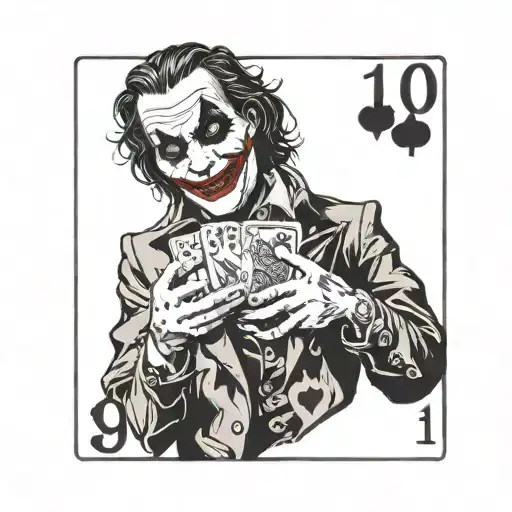 Joker holding a deck of cards with each card featuring a different joker face, in black and white tattoo design idea