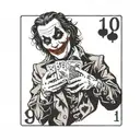 Joker holding a deck of cards with each card featuring a different joker face, in black and white tattoo design idea