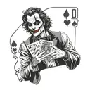 Joker holding a deck of cards with each card featuring a different joker face, in black and white tattoo design idea