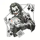 Joker holding a deck of cards with each card featuring a different joker face, in black and white tattoo design idea
