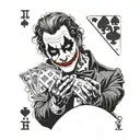 Joker holding a deck of cards with each card featuring a different joker face, in black and white tattoo design idea