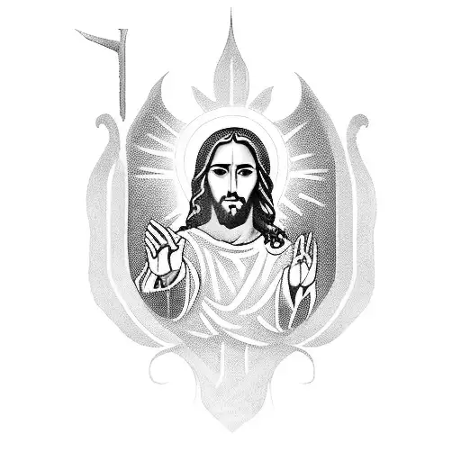 A stunning blackwork tattoo of Jesus with praying hands in a peaceful resting pose tattoo design idea