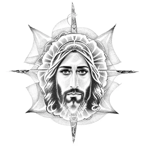 A dotwork tattoo of Jesus playing a guitar, with a rose blooming from the sound hole, representing the beauty of music and faith tattoo design idea