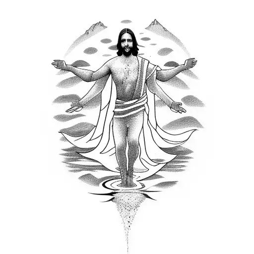 A dotwork tattoo of Jesus walking on water with musical notes forming the waves tattoo design idea