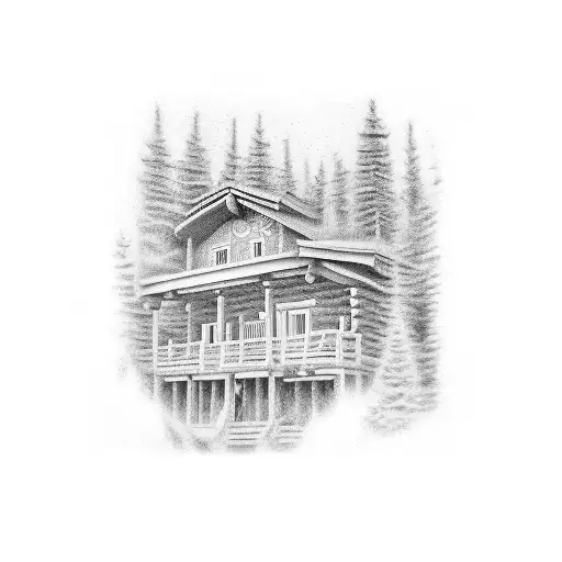 A dotwork tattoo of a carpenter's pencil drawing a detailed blueprint of a cabin, with animals peeking out from the windows tattoo design idea