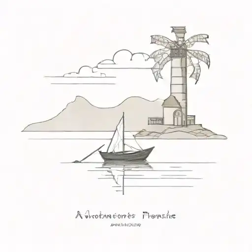 A minimalist design of an beach with a fishing boat on calm waters with a pier next to a Catholic church tattoo design idea